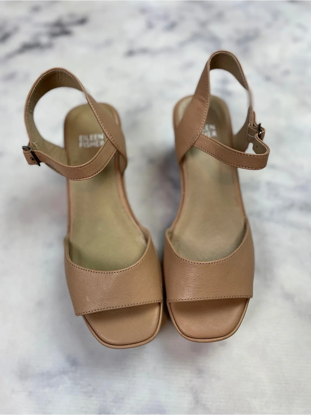 Eileen Fisher Mime Honey Tumbled Leather Platform Sandals Sz 6.5